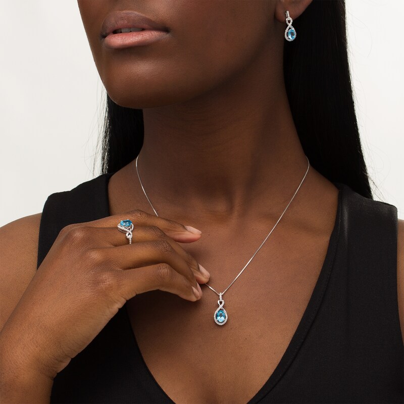Main Image 2 of Oval Swiss Blue Topaz and Lab-Created White Sapphire Infinity Pendant, Earrings and Ring Set in Sterling Silver - Size 7