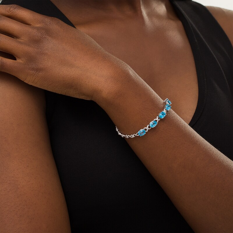 Main Image 2 of Oval Swiss Blue Topaz and Lab-Created White Sapphire Infinity Link Five Stone Bracelet in Sterling Silver - 7.5"
