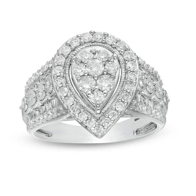 1 CT. T.W. Pear-Shaped Multi-Diamond Frame Vintage-Style Engagement Ring in 10K White Gold