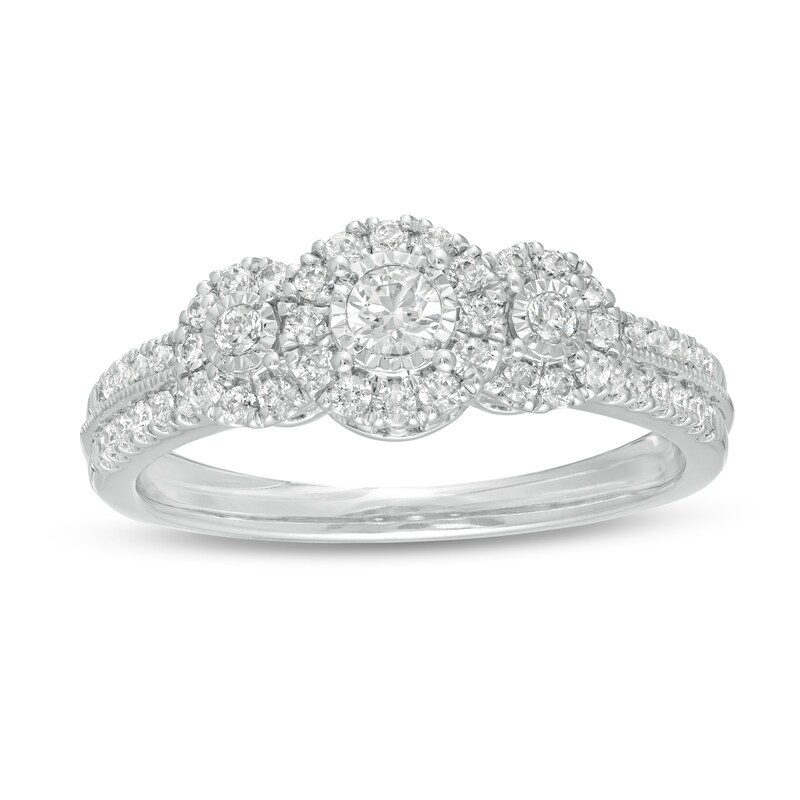 Main Image 1 of 1/2 CT. T.W. Diamond Past Present Future® Frame Vintage-Style Engagement Ring in 10K White Gold