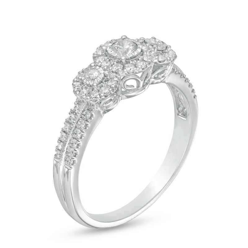 Main Image 3 of 1/2 CT. T.W. Diamond Past Present Future® Frame Vintage-Style Engagement Ring in 10K White Gold