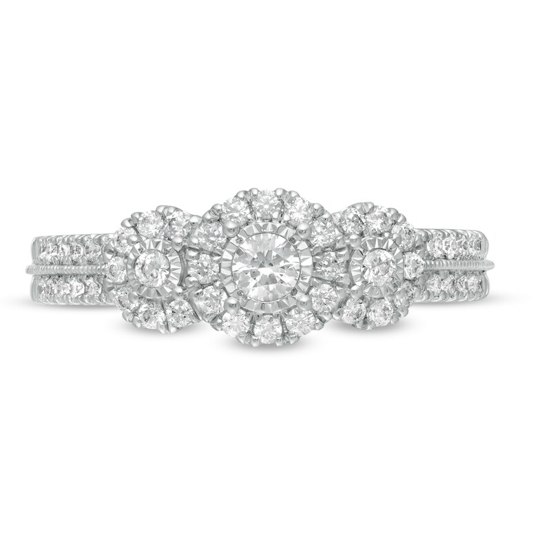 1/2 CT. T.W. Diamond Past Present Future® Frame Vintage-Style Engagement Ring in 10K White Gold