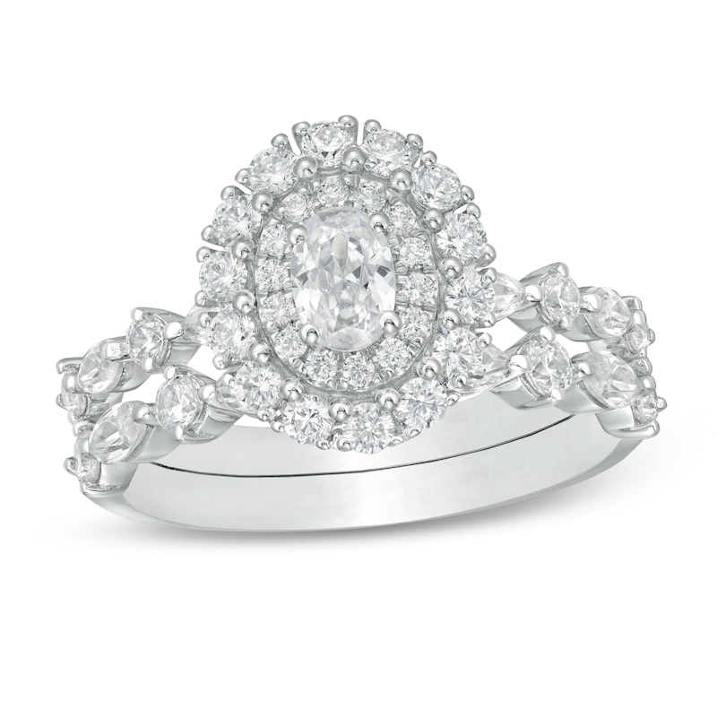 Main Image 1 of 1-1/2 CT. T.W. Certified Oval Diamond Double Frame Bridal Set in 14K White Gold (I/SI2)