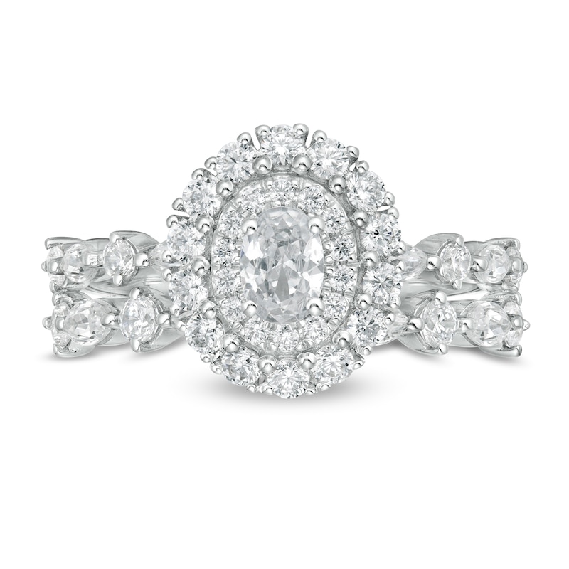 Main Image 4 of 1-1/2 CT. T.W. Certified Oval Diamond Double Frame Bridal Set in 14K White Gold (I/SI2)