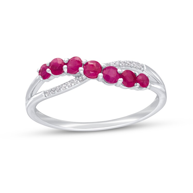 Graduated Ruby and Diamond Accent Criss-Cross Split Shank Ring in 10K White Gold