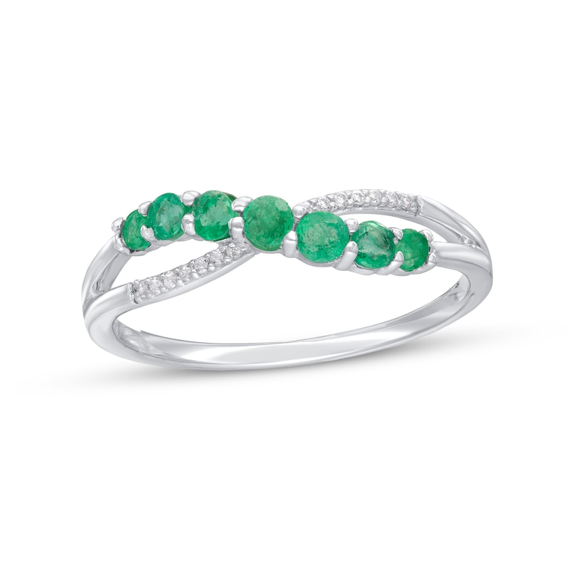 Graduated Emerald and Diamond Accent Criss-Cross Split Shank Ring in 10K White Gold