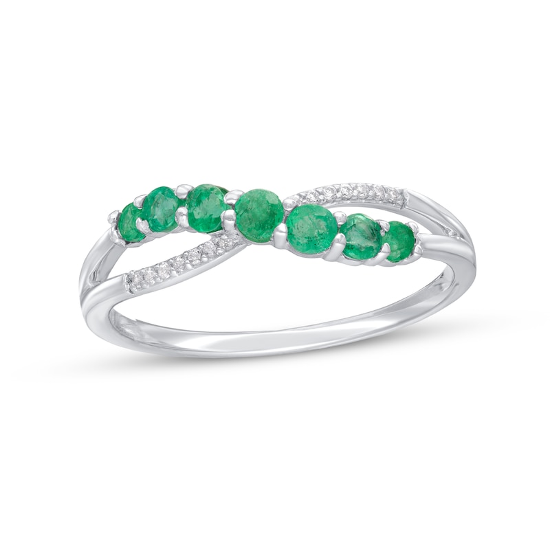 Main Image 1 of Graduated Emerald and Diamond Accent Criss-Cross Split Shank Ring in 10K White Gold
