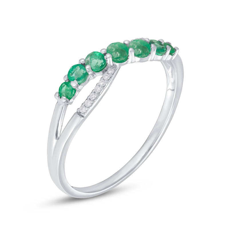 Graduated Emerald and Diamond Accent Criss-Cross Split Shank Ring in 10K White Gold