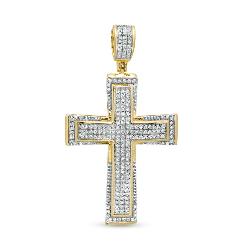 Main Image 1 of 3/8 CT. T.W. Diamond Triple Row Layered Cross Necklace Charm in 10K Gold