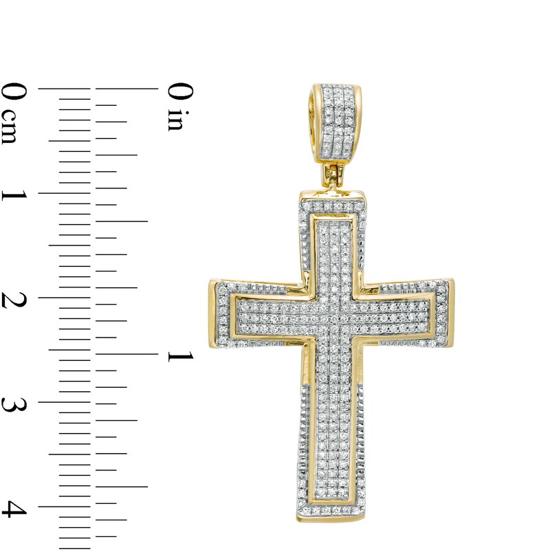 Main Image 2 of 3/8 CT. T.W. Diamond Triple Row Layered Cross Necklace Charm in 10K Gold