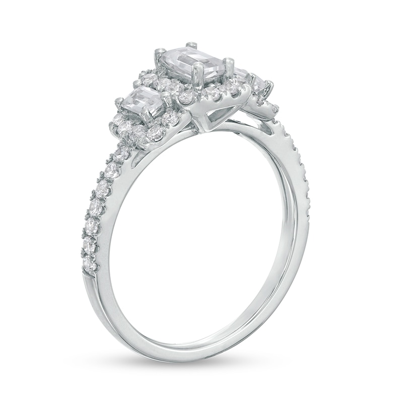 Main Image 3 of 1 CT. T.W. Certified Emerald-Cut Diamond Frame Past Present Future® Engagement Ring in 14K White Gold (I/SI2)