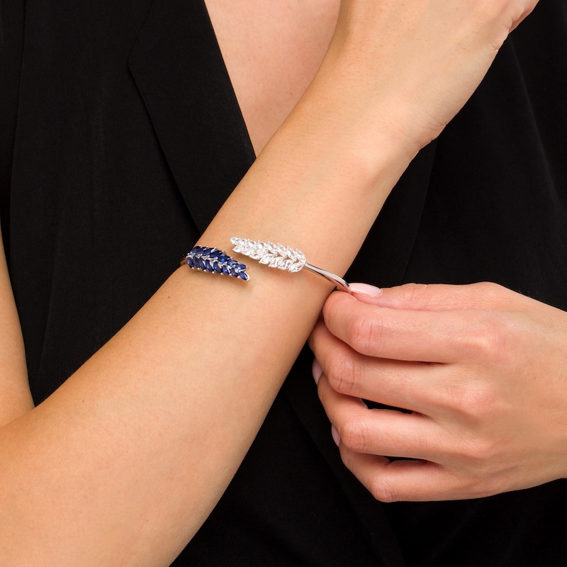 Main Image 2 of Marquise Lab-created Blue and White Sapphire Leafy Bypass Cuff in Sterling Silver