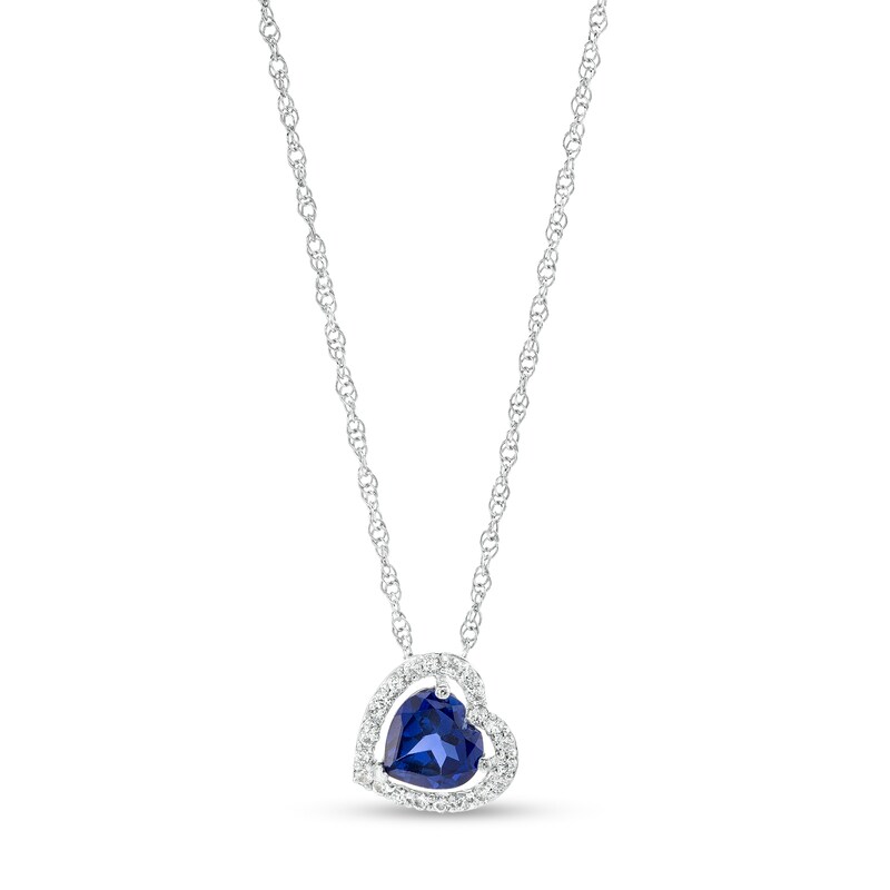 Main Image 1 of 6.0mm Heart-Shaped Lab-Created Blue and White Sapphire Frame Tilted Heart Pendant in Sterling Silver