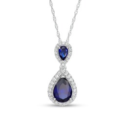 Pear-Shaped Lab-Created Blue and White Sapphire Framed Double Teardrop Pendant in Sterling Silver