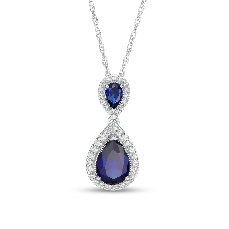 Main Image 1 of Pear-Shaped Lab-Created Blue and White Sapphire Framed Double Teardrop Pendant in Sterling Silver
