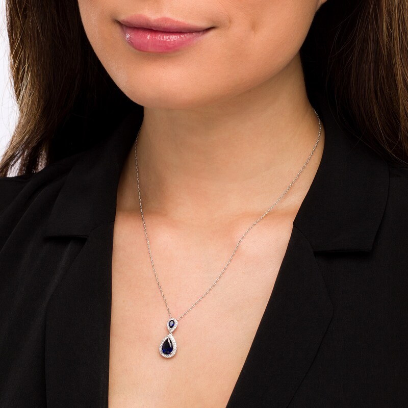 Main Image 2 of Pear-Shaped Lab-Created Blue and White Sapphire Framed Double Teardrop Pendant in Sterling Silver