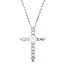 5.0mm Cushion-Cut Lab-Created Opal, Blue Topaz and White Sapphire Cross Pendant in Sterling Silver