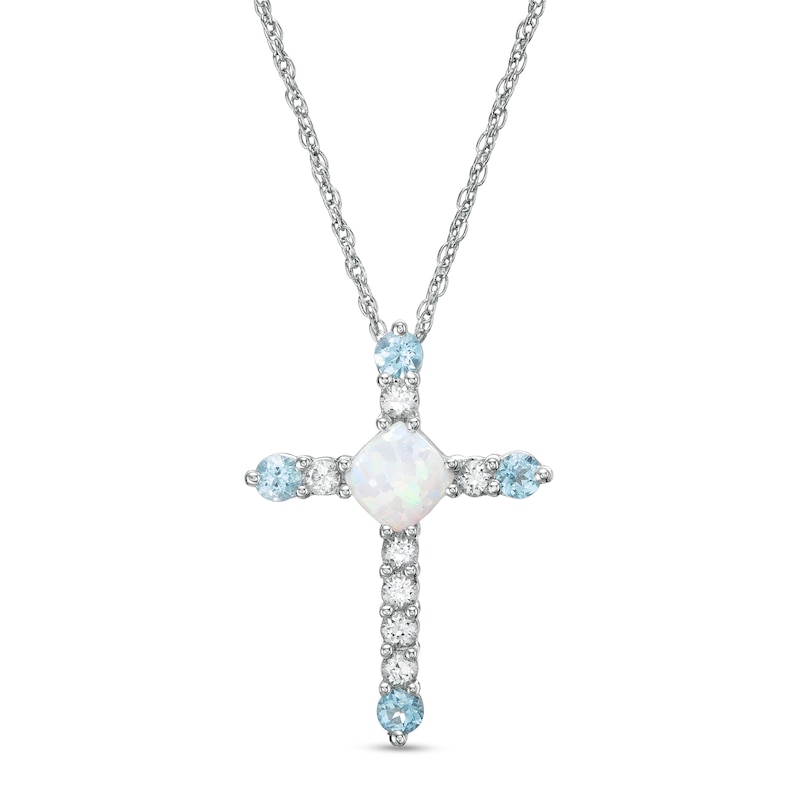 Main Image 1 of 5.0mm Cushion-Cut Lab-Created Opal, Blue Topaz and White Sapphire Cross Pendant in Sterling Silver