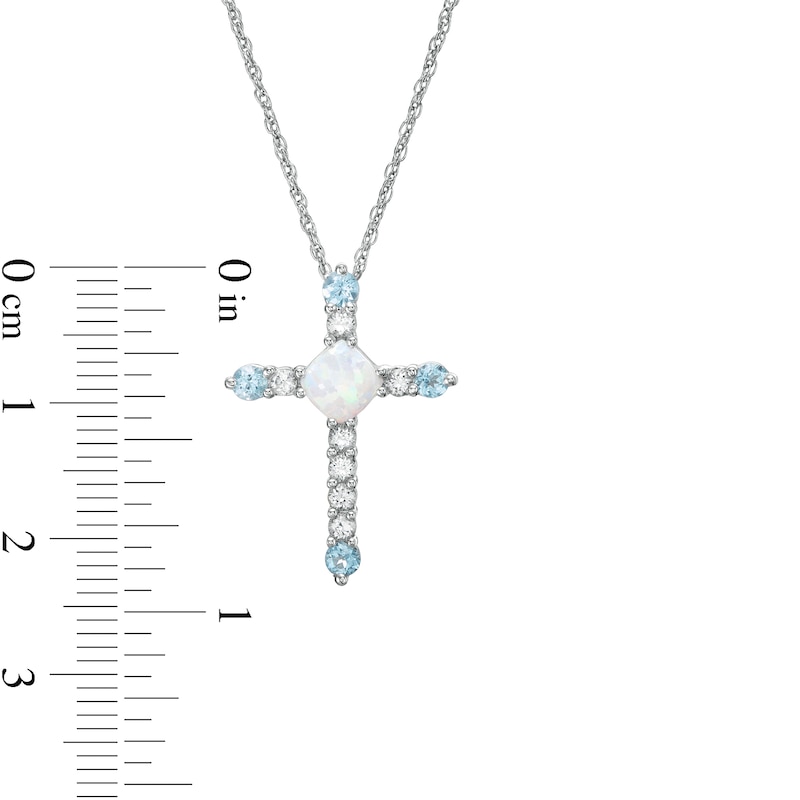 5.0mm Cushion-Cut Lab-Created Opal, Blue Topaz and White Sapphire Cross Pendant in Sterling Silver