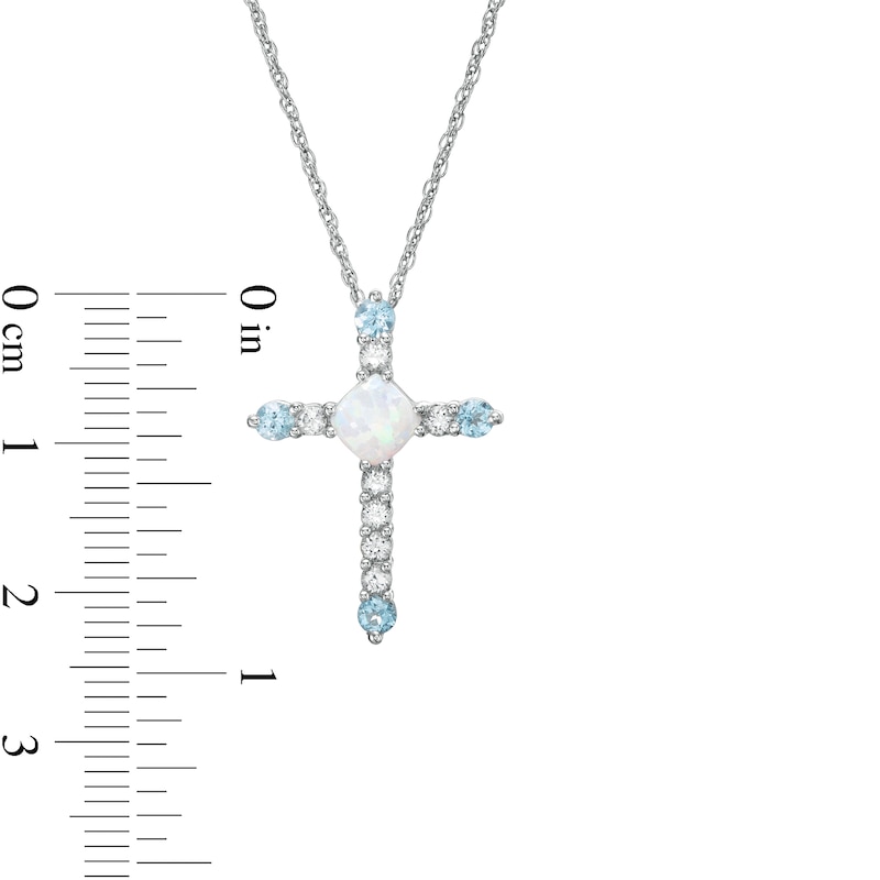 Main Image 3 of 5.0mm Cushion-Cut Lab-Created Opal, Blue Topaz and White Sapphire Cross Pendant in Sterling Silver