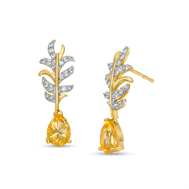 Pear-Shaped Citrine and White Lab-Created Sapphire Leafy Branch Drop Earrings in 14K Gold Over Silver