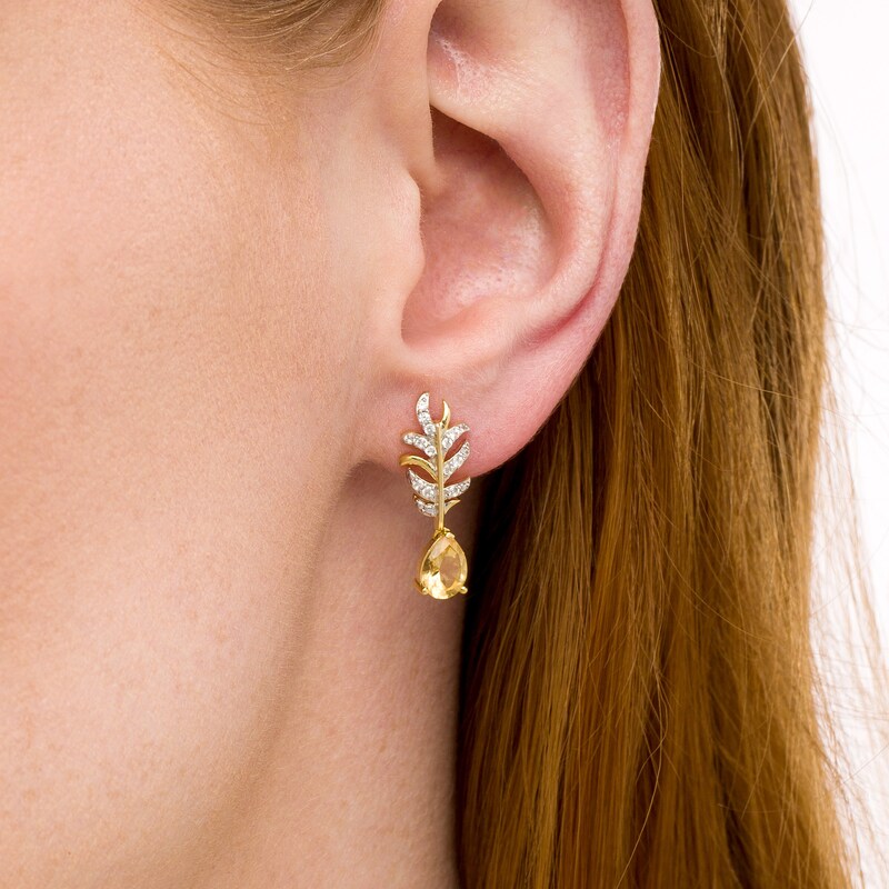 Pear-Shaped Citrine and White Lab-Created Sapphire Leafy Branch Drop Earrings in 14K Gold Over Silver