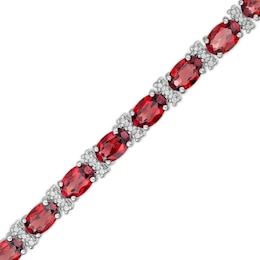 Oval Garnet and Diamond Accent Beaded Alternating Line Bracelet in Sterling Silver - 7.25&quot;