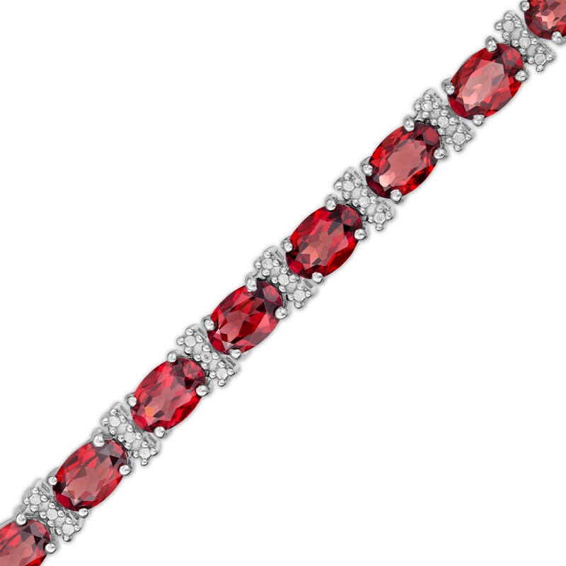 Main Image 1 of Oval Garnet and Diamond Accent Beaded Alternating Line Bracelet in Sterling Silver - 7.25"