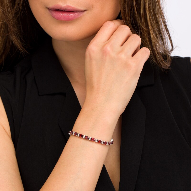 Main Image 2 of Oval Garnet and Diamond Accent Beaded Alternating Line Bracelet in Sterling Silver - 7.25"
