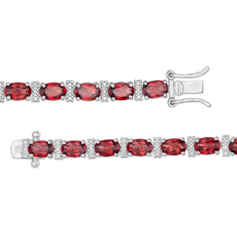 Main Image 3 of Oval Garnet and Diamond Accent Beaded Alternating Line Bracelet in Sterling Silver - 7.25"