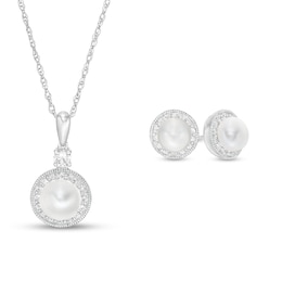 Cultured Freshwater Pearl and White Lab-Created Sapphire Frame Vintage-Style Pendant and Earrings Set in Sterling Silver