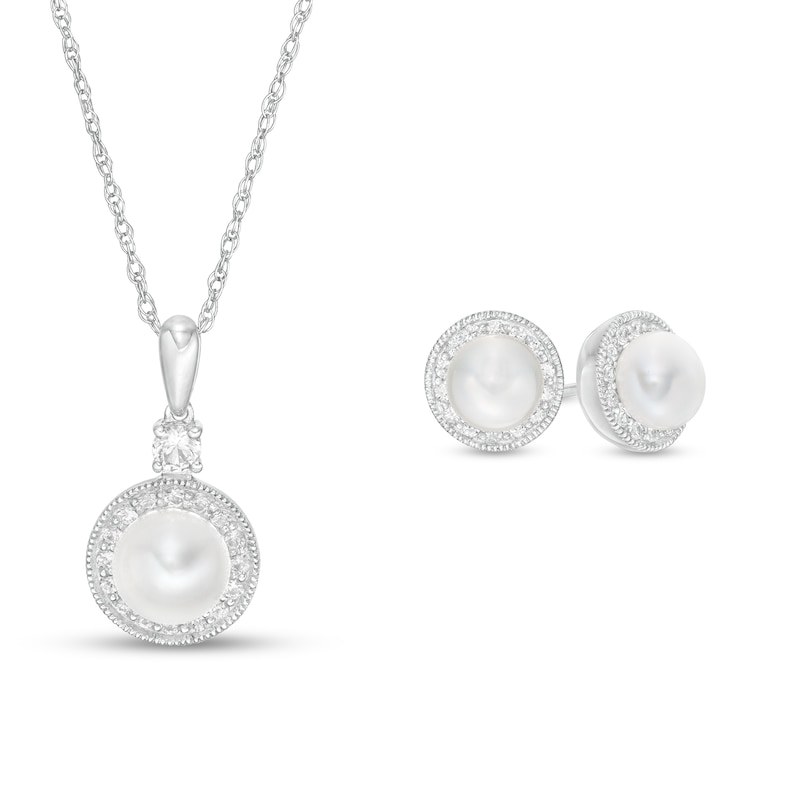 Cultured Freshwater Pearl and White Lab-Created Sapphire Frame Vintage-Style Pendant and Earrings Set in Sterling Silver