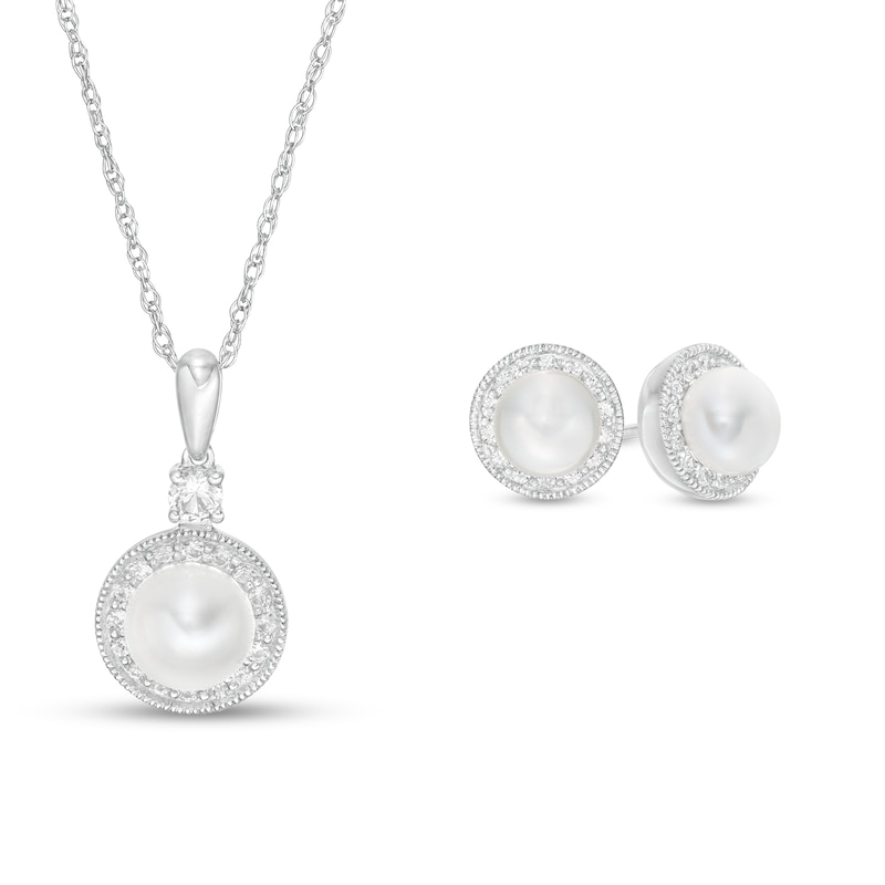 Main Image 1 of Freshwater Cultured Pearl and White Lab-Created Sapphire Frame Vintage-Style Pendant and Earrings Set in Sterling Silver