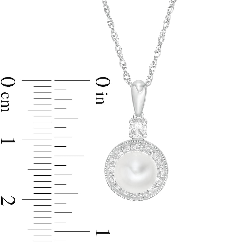Main Image 4 of Freshwater Cultured Pearl and White Lab-Created Sapphire Frame Vintage-Style Pendant and Earrings Set in Sterling Silver