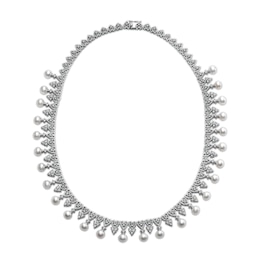 Freshwater Cultured Pearl and White Lab-Created Sapphire Ornate Vintage-Style Necklace in Sterling Silver-17"