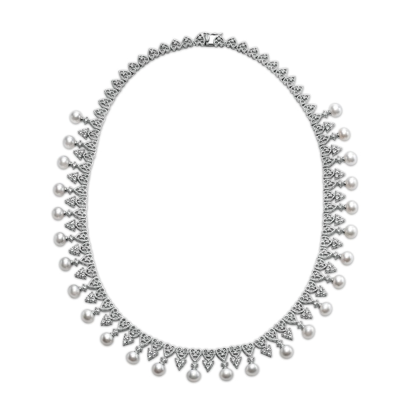 Main Image 1 of Freshwater Cultured Pearl and White Lab-Created Sapphire Ornate Vintage-Style Necklace in Sterling Silver-17"
