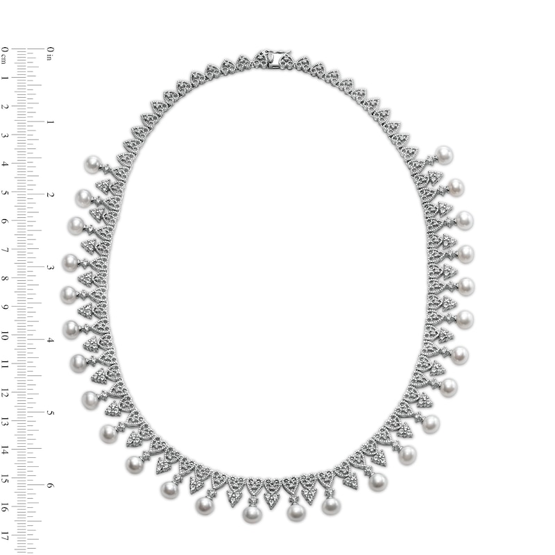 Main Image 2 of Freshwater Cultured Pearl and White Lab-Created Sapphire Ornate Vintage-Style Necklace in Sterling Silver-17"