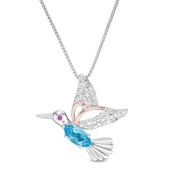 Marquise Swiss Blue Topaz, Lab-Created Ruby and White Sapphire Hummingbird Pendant in Sterling Silver and 14K Rose GP