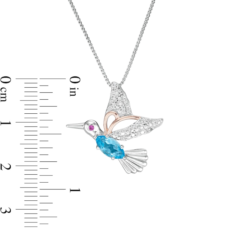 Marquise Swiss Blue Topaz, Lab-Created Ruby and White Sapphire Hummingbird Pendant in Sterling Silver and 14K Rose GP