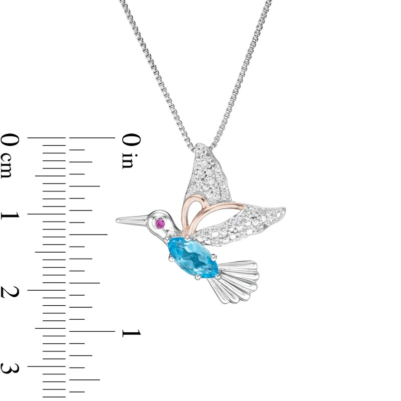 Marquise Swiss Blue Topaz, Lab-Created Ruby and White Sapphire Hummingbird Pendant in Sterling Silver and 14K Rose GP