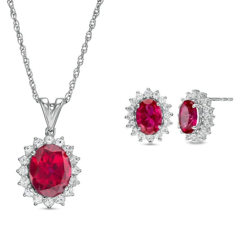 Oval Lab-Created Ruby and White Sapphire Shadow Frame Pendant and Stud Earrings Set in Sterling Silver