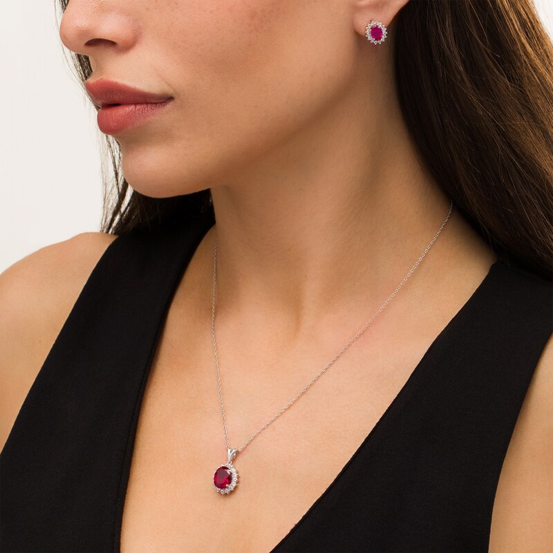 Main Image 2 of Oval Lab-Created Ruby and White Sapphire Shadow Frame Pendant and Stud Earrings Set in Sterling Silver