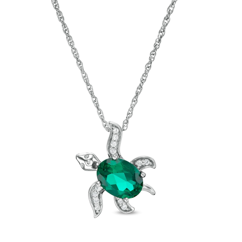 Oval Lab-Created Emerald and White Sapphire Sea Turtle Pendant in Sterling Silver