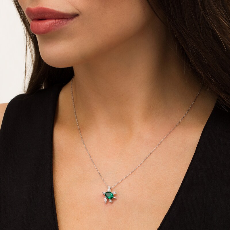 Main Image 2 of Oval Lab-Created Emerald and White Sapphire Sea Turtle Pendant in Sterling Silver