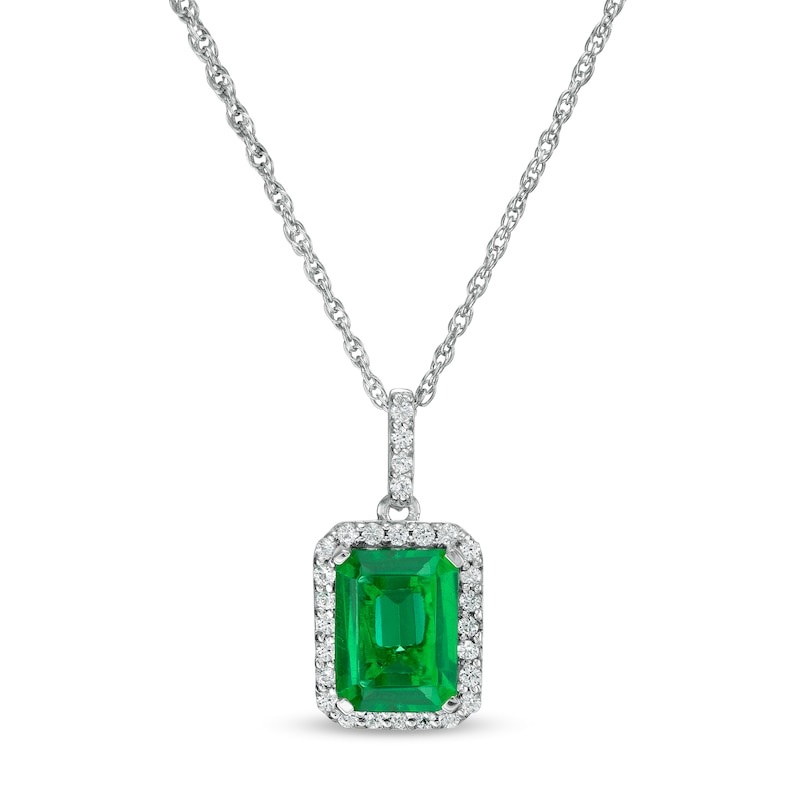 Main Image 1 of Emerald-Cut Lab-Created Emerald and White Sapphire Octagonal Frame Drop Pendant in Sterling Silver