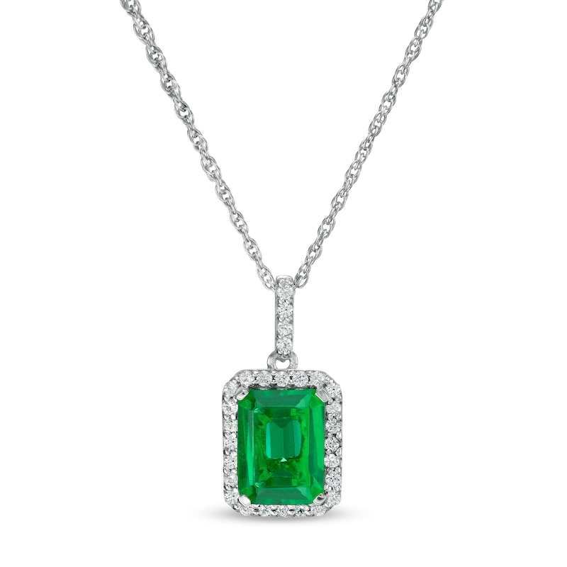 Emerald-Cut Lab-Created Emerald and White Sapphire Octagonal Frame Drop Pendant in Sterling Silver