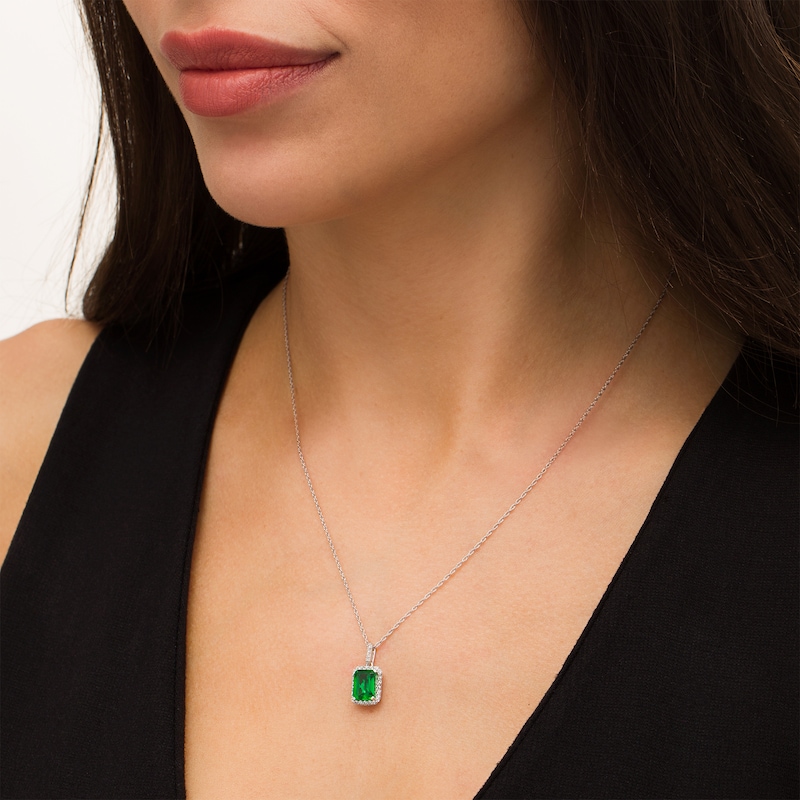 Emerald-Cut Lab-Created Emerald and White Sapphire Octagonal Frame Drop Pendant in Sterling Silver