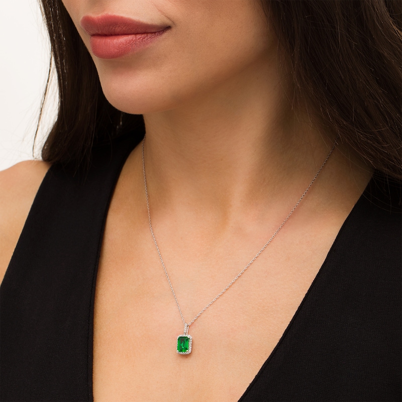 Main Image 2 of Emerald-Cut Lab-Created Emerald and White Sapphire Octagonal Frame Drop Pendant in Sterling Silver