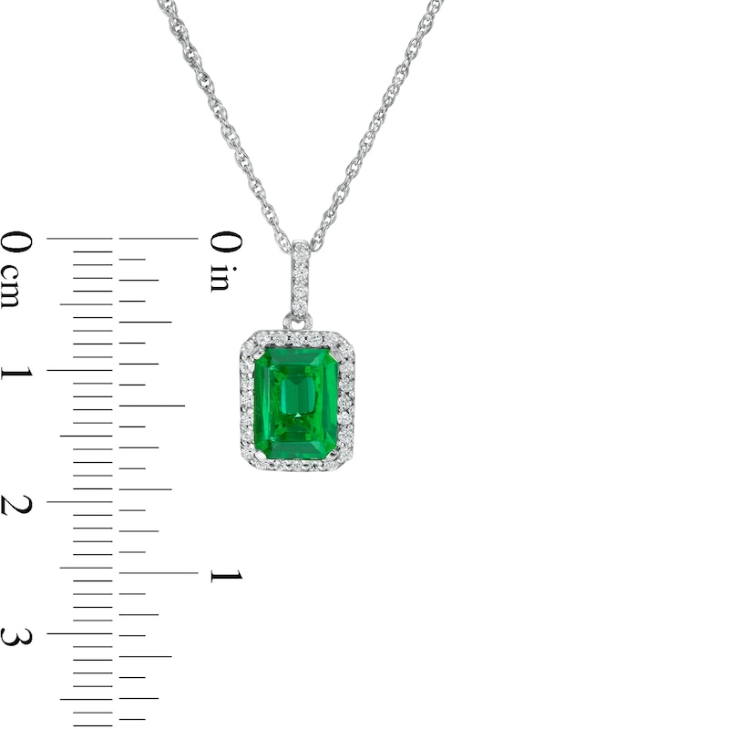 Emerald-Cut Lab-Created Emerald and White Sapphire Octagonal Frame Drop Pendant in Sterling Silver