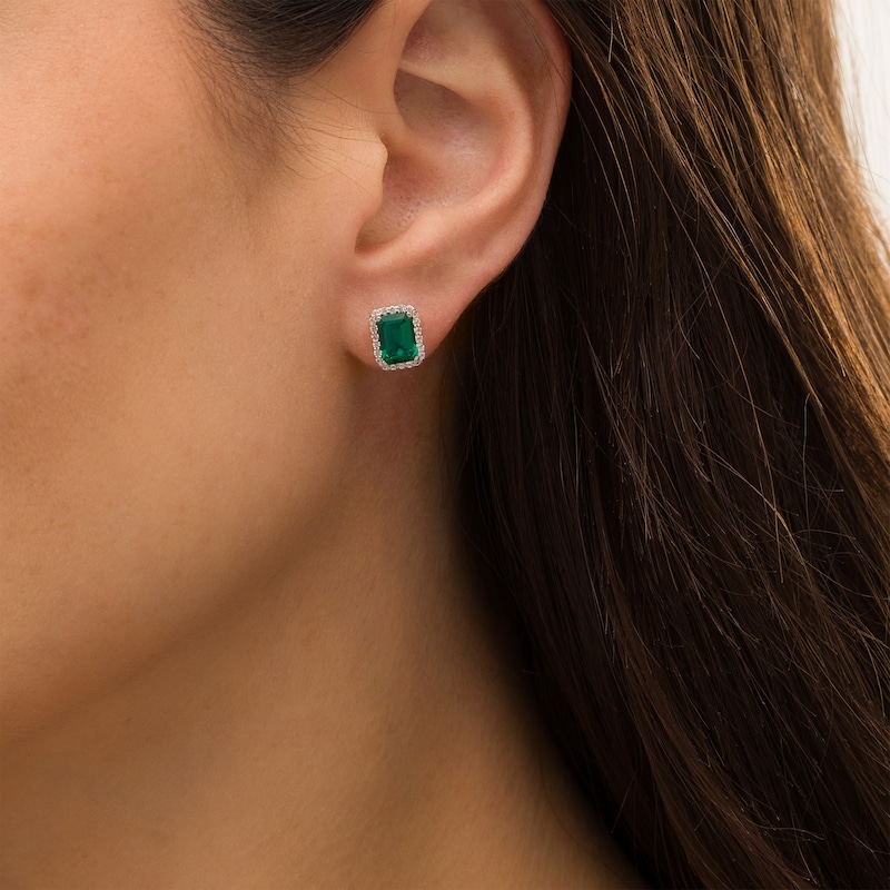 Emerald-Cut Lab-Created Emerald and White Sapphire Octagonal Frame Stud Earrings in Sterling Silver